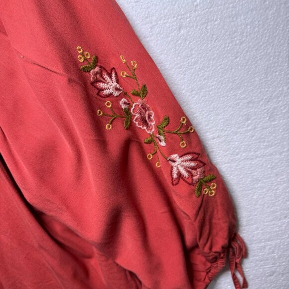 LC Lauren Conrad Size XL Embroidered Floral Square Neck Top 3/4 Tie Sleeve Boho - Picture 9 of 10